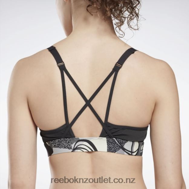 Black 2B4626608 Lux Perform Graphic Strappy Bra Reebok Women