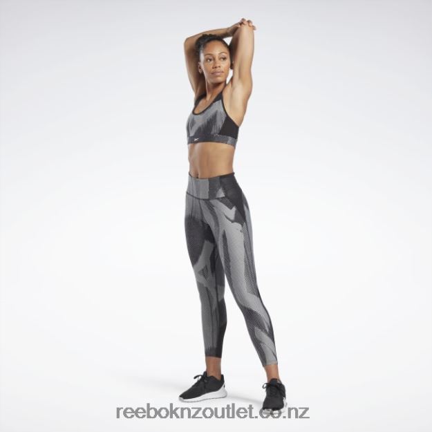Black 2B4626791 Lux Perform Allover Print Racer Bra Reebok Women