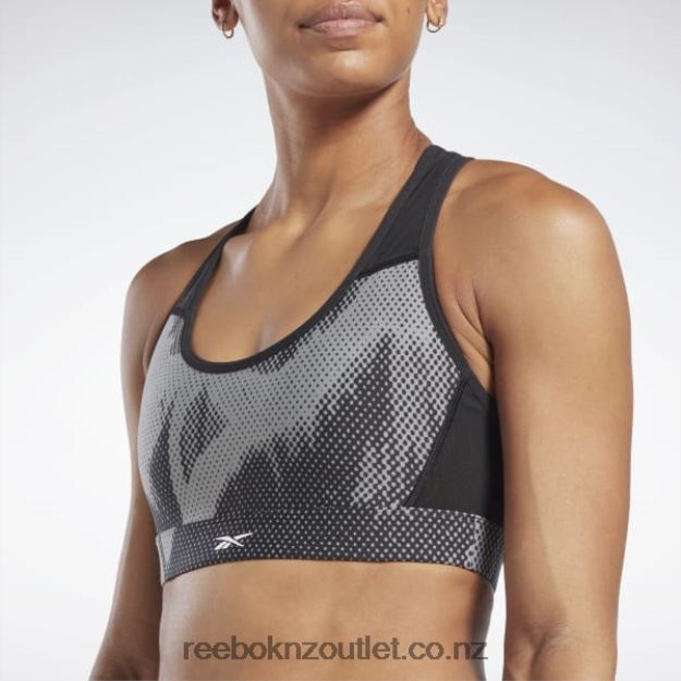 Black 2B4626791 Lux Perform Allover Print Racer Bra Reebok Women