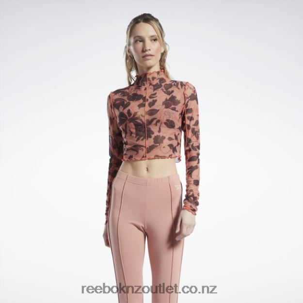 Canyon Coral 2B4626706 Classics Flourishing Floral Print Mesh Long Sleeve Shirt Reebok Women