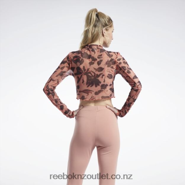 Canyon Coral 2B4626706 Classics Flourishing Floral Print Mesh Long Sleeve Shirt Reebok Women