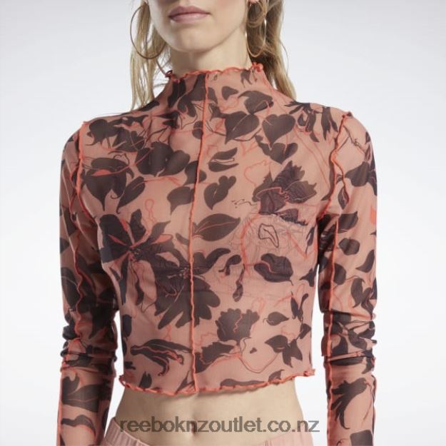 Canyon Coral 2B4626706 Classics Flourishing Floral Print Mesh Long Sleeve Shirt Reebok Women