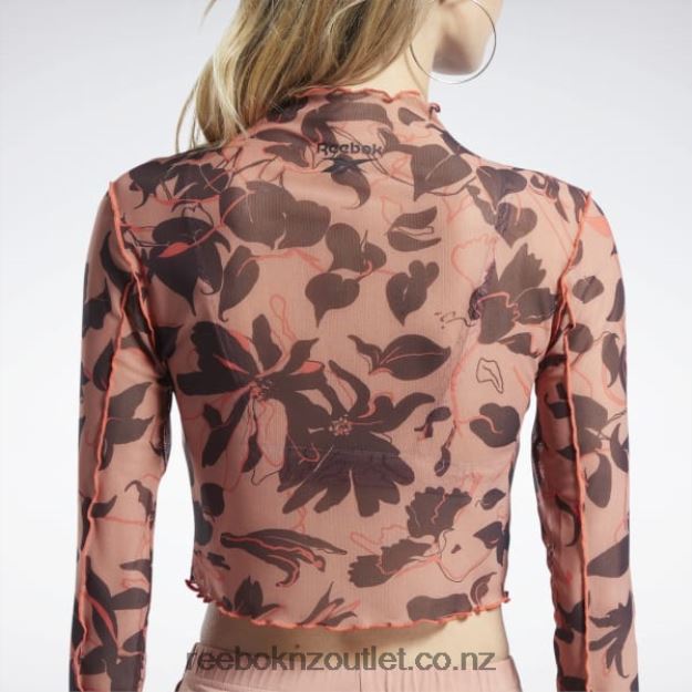 Canyon Coral 2B4626706 Classics Flourishing Floral Print Mesh Long Sleeve Shirt Reebok Women