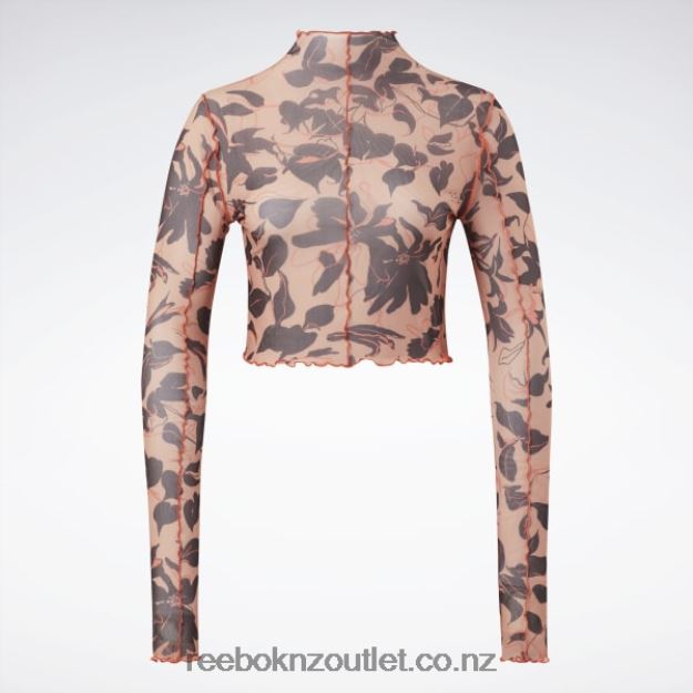 Canyon Coral 2B4626706 Classics Flourishing Floral Print Mesh Long Sleeve Shirt Reebok Women