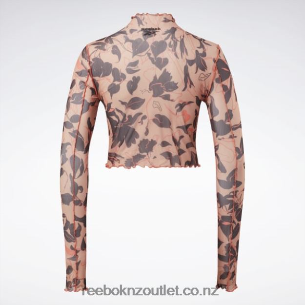 Canyon Coral 2B4626706 Classics Flourishing Floral Print Mesh Long Sleeve Shirt Reebok Women