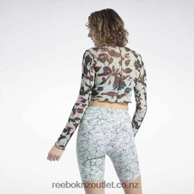 Light Sage 2B4626750 Classics Flourishing Floral Print Mesh Long Sleeve Shirt Reebok Women