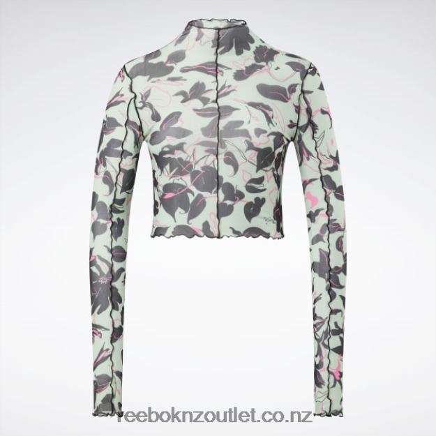 Light Sage 2B4626750 Classics Flourishing Floral Print Mesh Long Sleeve Shirt Reebok Women