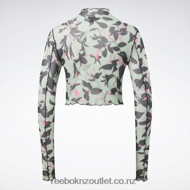 Light Sage 2B4626750 Classics Flourishing Floral Print Mesh Long Sleeve Shirt Reebok Women